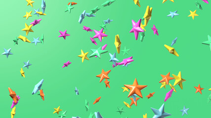 Colorful star objects on green background.
3DCG confetti illustration for background.