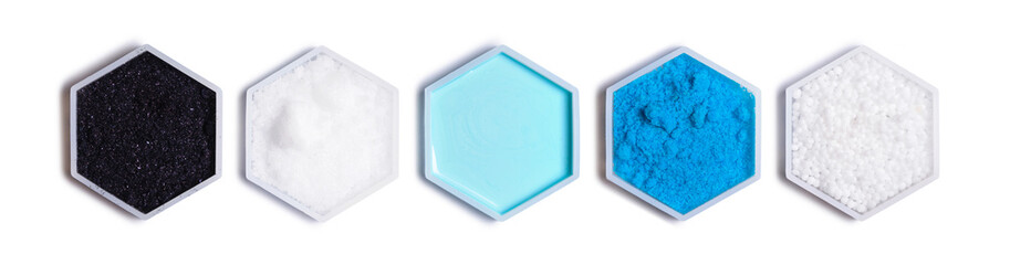 Chemical ingredient in hexagonal molecular shaped container. Potassium permanganate, Sodium...
