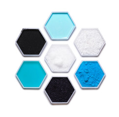 Chemical ingredient in hexagonal molecular shaped container. Hair Conditioner, Urea, Copper (II)...