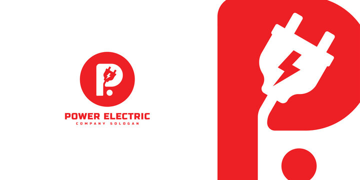 Initial letter P logo with plug cable inside. Lettering logo negative space design, Electricity brand identity, Plug logo typeface vector illustration