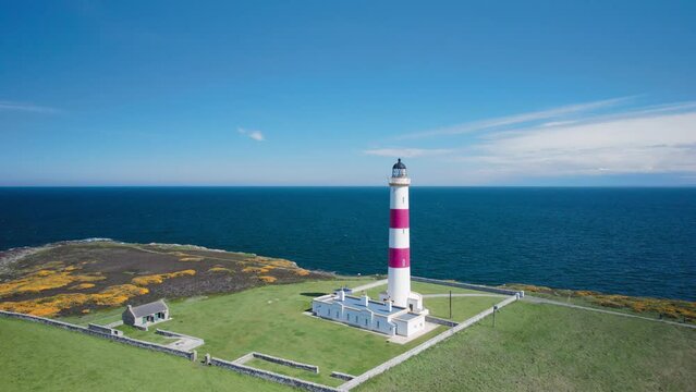 Tarbat Ness Lighthouse from a drone, Portmahomack, Highland, East Coast of Scotland, UK