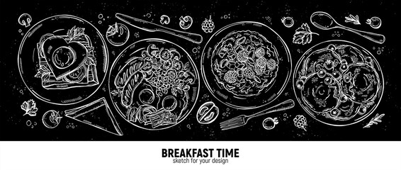 Set of dishes for breakfast. Eggs with bacon and sausages, toast, porridge with berries and pancakes for dessert. A hand-drawn sketch.