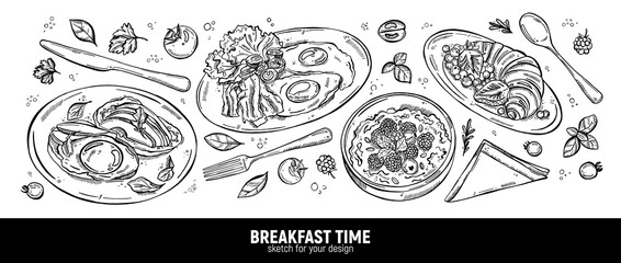 Set of dishes for breakfast. Eggs with bacon, toast with avocado, porridge with berries and a croissant for dessert. A hand-drawn sketch.