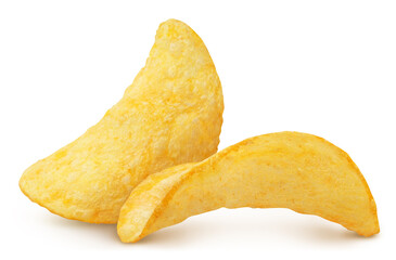Two delicious potato chips close-up, isolated on white background