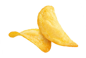 Two delicious potato chips close-up, isolated on white background