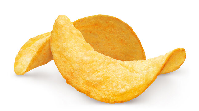 Two delicious potato chips close-up, isolated on white background
