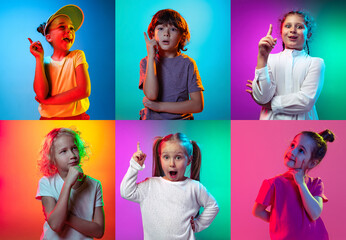 Children's emotions. Set of portraits of little cute kids, boys and girls isolated on multicolored...