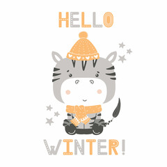 New Year card with a cute character, hello winter