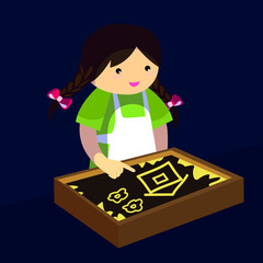 Girl draws in the sand on a light tablet