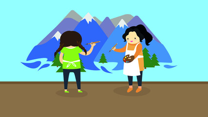 Fototapeta premium Girls paint mountains on the wall