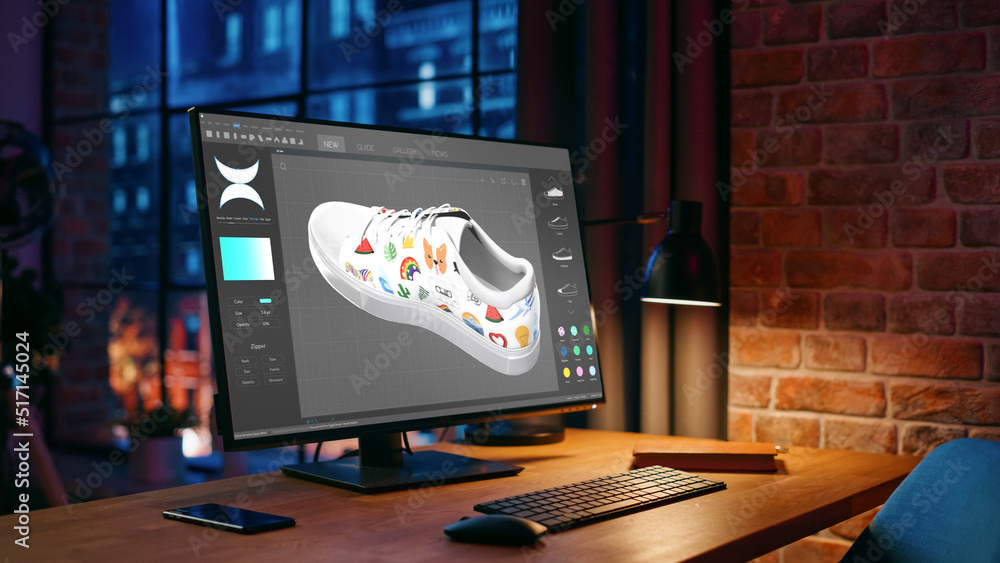 Poster Desktop Computer Monitor Standing on a Table with 3D Design Softwear Processing a Model of Shoe. Cozy Empty Loft Apartment with Big Window with a Lamp, Notebook and Smartphone on the Table.