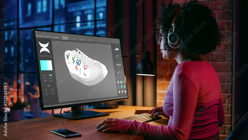 Poster smart black footwear designer creating 3d model of shoe while working on pc in creative space during