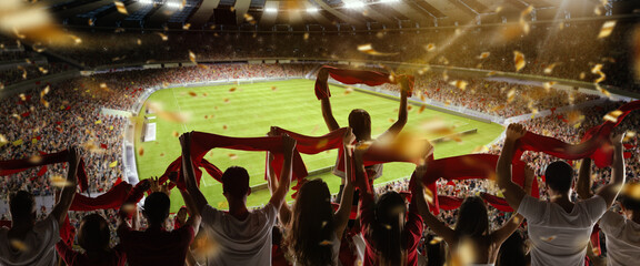 Rückansicht des Fußballs, Fußballfans jubeln ihrer Mannschaft abends mit bunten Schals im überfüllten Stadion zu. Konzept von Sport, Unterstützung, Wettbewerb. Unscharfer Effekt