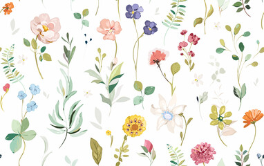 seamless pattern with flowers and green leaves. Botanical, wildflowers  arrangements