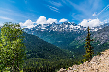 Fototapeta na wymiar A view towards a mountain valley from a train on the White Pass and Yukon railway near Skagway, Alaska in summertime
