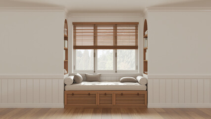 Classic window with siting bench and pillows. Wooden venetian blinds, bookshelf and decors. White walls with copy space for text. Modern interior design