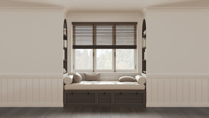 Classic window with siting bench and pillows. Dark wooden venetian blinds, bookshelf and decors. White walls with copy space for text. Modern interior design