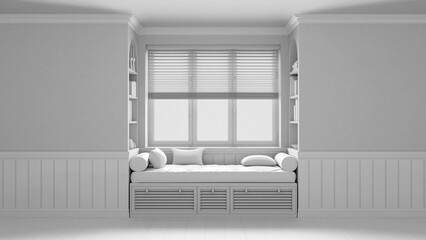 Total white project draft, classic window with siting bench and pillows. Wooden venetian blinds, bookshelf and decors. Walls with copy space for text. Modern interior design © ArchiVIZ