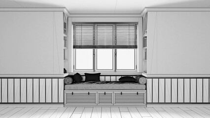 Blueprint unfinished project draft, classic window with siting bench and pillows. Wooden venetian blinds, bookshelf and decors. Walls with copy space for text. Modern interior design