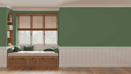 Vintage window with siting bench and pillows. Wooden venetian blinds, bookshelf and decors. Green walls with copy space for text. Modern interior design © ArchiVIZ