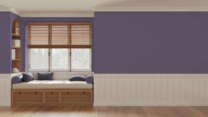 Vintage window with siting bench and pillows. Wooden venetian blinds, bookshelf and decors. Purple walls with copy space for text. Modern interior design