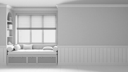 Total white project draft, classic window with siting bench and pillows. Wooden venetian blinds, bookshelf and decors. Walls with copy space for text. Modern interior design