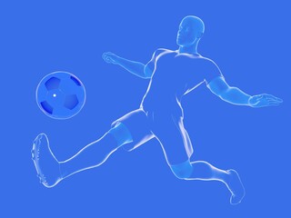 Fototapeta na wymiar 3d illustration of a football (soccer) player running to control the ball. Image on blue background.