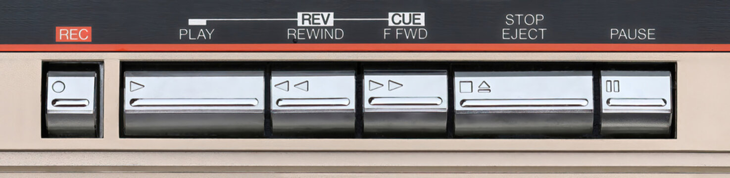 Close Up Of A Retro Tape Deck Buttons, Record, Play, Fast Forward, Rewind, Stop, Eject And Pause