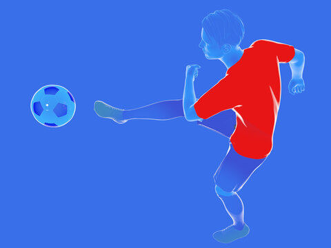 3d illustration of a football (succer) player making a shot with the ball. T-shirt, shorts and colored socks of the Spanish national team.