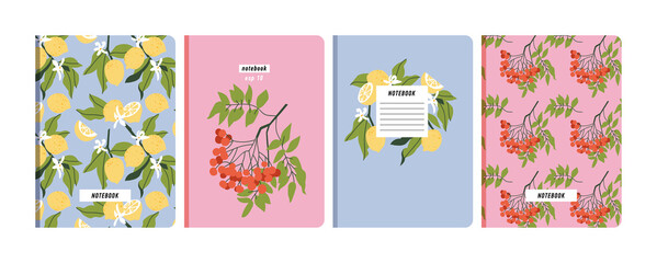 Fototapeta na wymiar Vector illustartion templates cover pages for notebooks, planners, brochures, books, catalogs. Fruits wallpapers with with lemon and rownberry.