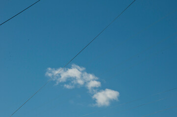 Wires in cloudy blue sky background, copy space