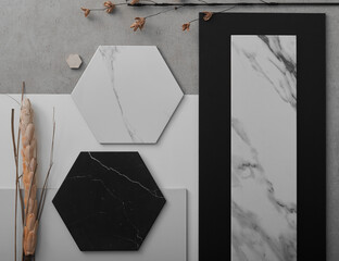 Interior with samples of black and white marble. Marble wall texture background.