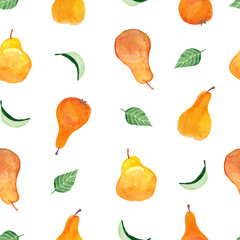 Seamless pattern with watercolor pear. Hand painted summer fruit background.