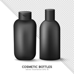 Mockup of black closed cosmetic or medicine plastic bottles with lid. 3D rendering glossy containers for gel, shampoo, lotion, bath foam, moisturizer, cream, etc. Blank skincare product template. 