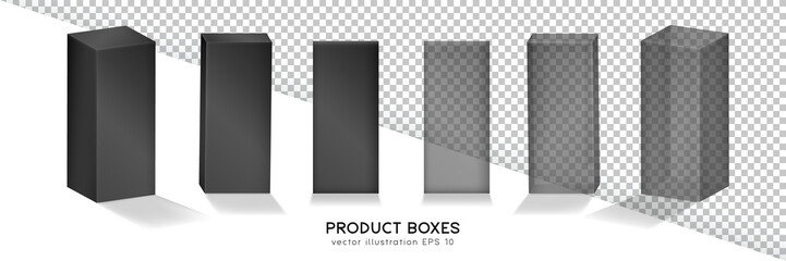 Set of matte black and dark glossy transparent product boxes. 3D realistic mockup of six packages in front and isometric view for your design. Cubes, shipping cases,  containers template.