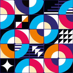 Bauhaus inspired retro vector seamless pattern - geometric retro design with circles, triangles, lines and squares in pink and navy blue
 