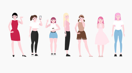 Cute women different poses, flat cartoon illustration of girls friendship. Fashion modern outfit, sport concept, office lady, walk with coffee, talking by phone, casual look. 