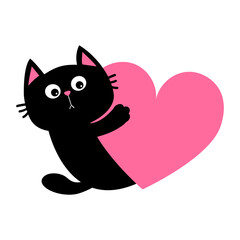 Cat kitten kitty head face holding big pink heart. Happy Valentines Day. Cute cartoon kawaii funny animal character. Flat design. Love card. Sticker print. White background. Isolated.