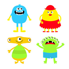 Happy Halloween. Monster icon set wearing clothes. Kawaii cute cartoon funny baby character. Sticker print. Eyes, horn, fang teeth tongue, wing. Flat design. White background.