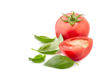 Fresh tomatoes with basil leaves  isolated on white background. Ripe tomatoes with spices.