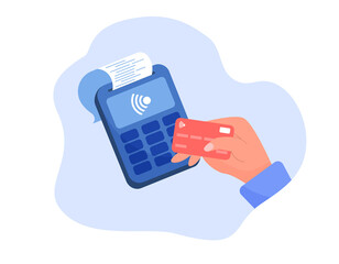 Man hand holding debit or credit card for payment flat vector illustration. Cartoon hand buyer paying on contactless terminal. Digital transaction and wireless transfer concept. Modern style design