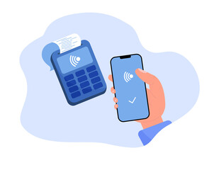 Man hand holding phone for payment flat vector illustration. Cartoon hand buyer paying on contactless terminal. Digital transaction and wireless transfer concept. Modern style design