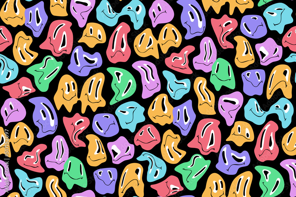 Poster melting smiling faces seamless pattern. vector background in 60s, 70s retro psychedelic style.