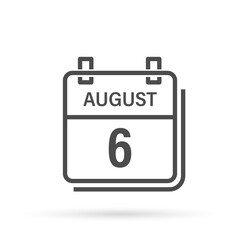August 6, Calendar icon with shadow. Day, month. Flat vector illustration.