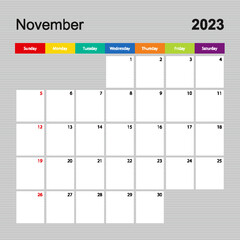 Calendar page for November 2023, wall planner with colorful design. Week starts on Sunday.