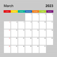 Calendar page for March 2023, wall planner with colorful design. Week starts on Sunday.