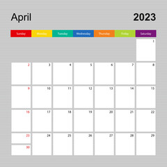Calendar page for April 2023, wall planner with colorful design. Week starts on Sunday.