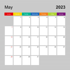 Calendar page for May 2023, wall planner with colorful design. Week starts on Sunday.