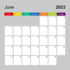 Calendar page for June 2023, wall planner with colorful design. Week starts on Sunday.