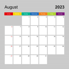 Calendar page for August 2023, wall planner with colorful design. Week starts on Sunday.